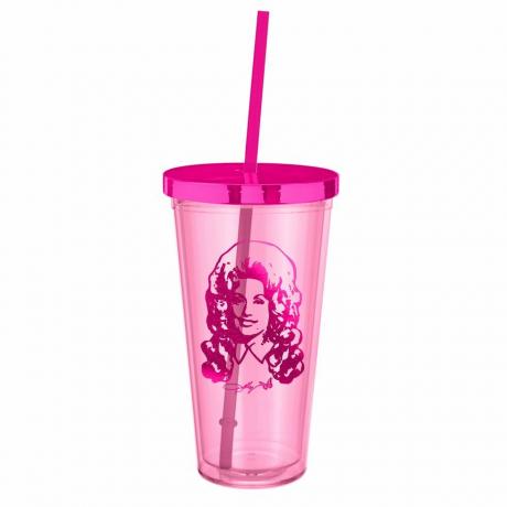 Copo de plástico rosa Dolly Parton com canudo