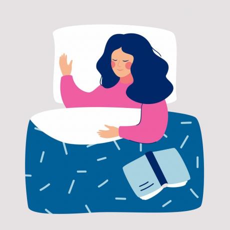 mulher dormindo à noite em sua cama com ilustração vetorial de livro aberto