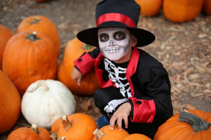 crianças de halloween brincando de doce ou travessura menino em uma fantasia de halloween de esqueleto com chapéu e fumando entre abóboras laranja crianças de halloween