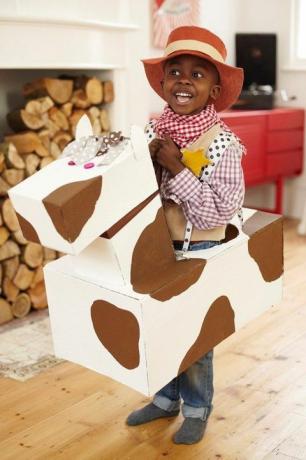 menino vestido de cowboy com um chapéu de cowboy e uma camisa xadrez e bandana com um cavalo de papelão na cintura