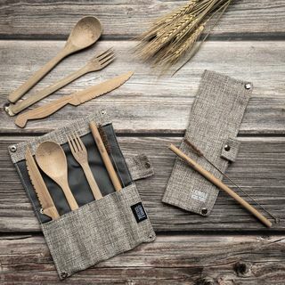 Conjunto de talheres de bambu reutilizável | Utensílios de viagem ecológicos | Colher Garfo Colher De Bambu Palha & Saco De Armazenamento | Kit de Talheres Portátil Zero Waste