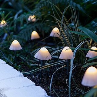 Lights4fun conjunto de 12 luzes de estaca de jardim decorativas de cogumelos verde cabo verde quente LED IP44 à prova d'água