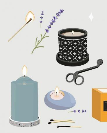 coleção de velas da moda queimando diferentes tamanhos e formas com ramos de velas de cera decorativas de algodão para aromaterapia e relaxar conjunto de ilustrações vetoriais planas isoladas