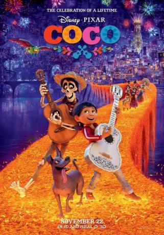 um pôster colorido do filme de animação coco, que mostra um menino tocando violão branco e um amigo esqueleto tocando violão de madeira