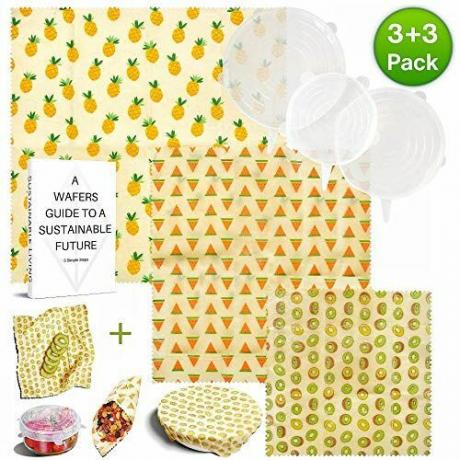 Wraps para alimentos em cera de abelha e tampas de silicone, conjunto de 6