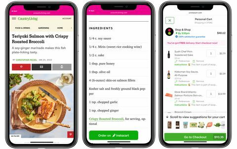 três telefones mostrando uma receita, botão instacart e a página instacart com ingredientes