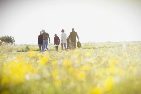 Família a pé no campo