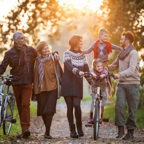 sorrindo família de várias gerações passeando com bicicletas na natureza e curtindo seu tempo juntos