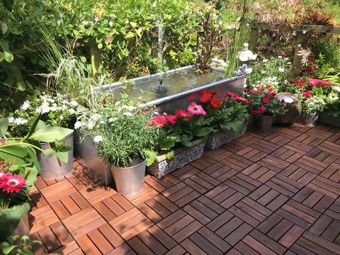 foto stock de jardim casa na árvore terraço plataforma varanda no verão com metal de zinco através de lagoa característica de água com fonte solar bomba, peixinho dourado, plantas marginais, rosas vermelhas em miniatura, flores de gerbera rosa, telhas de teca, luzes movidas a energia solar, iluminação